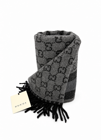 Monogram Grey Wool Scarf with Fringe