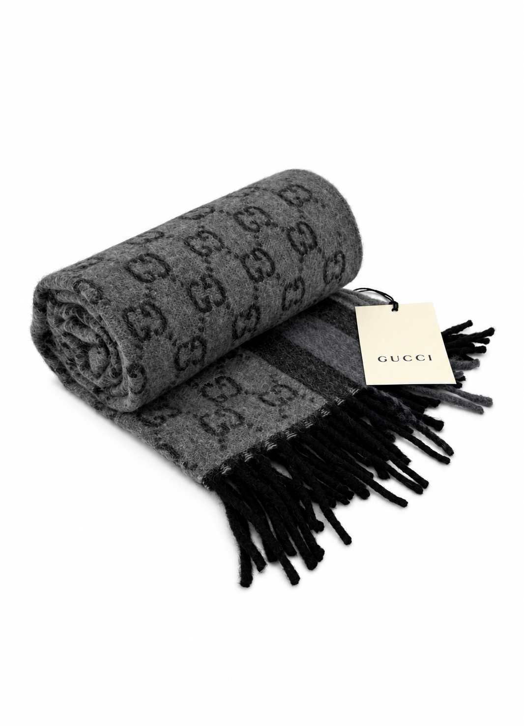 Monogram Grey Wool Scarf with Fringe