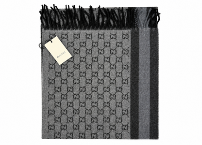Monogram Grey Wool Scarf with Fringe