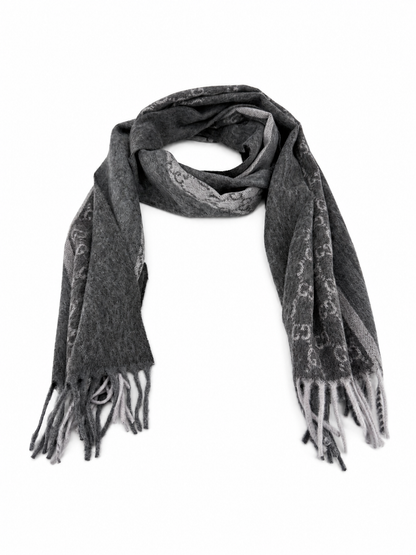 Monogram Charcoal Grey Cashmere & Wool Scarf with Fringe