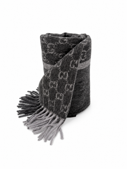 Monogram Charcoal Grey Cashmere & Wool Scarf with Fringe