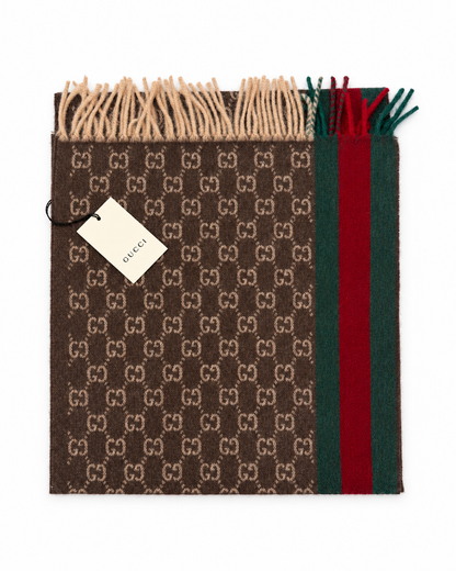Monogram Brown Cashmere & Wool Scarf with Green & Red Web Stripe