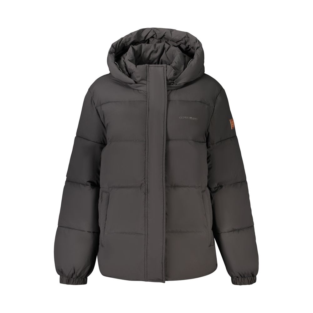 Black Polyester Women Jacket with Removable Hood