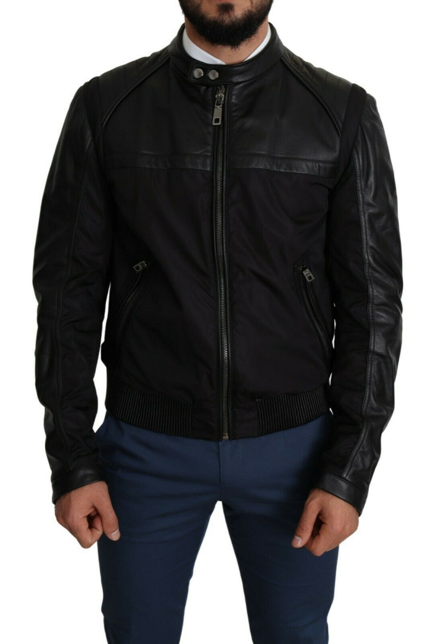 Black Nylon Full Zip Men Bomber Coat Jacket