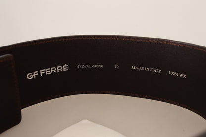 Brown Genuine Leather Wide Logo Buckle Waist Belt