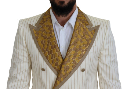 Off White Gold Striped Tuxedo Slim Fit Suit