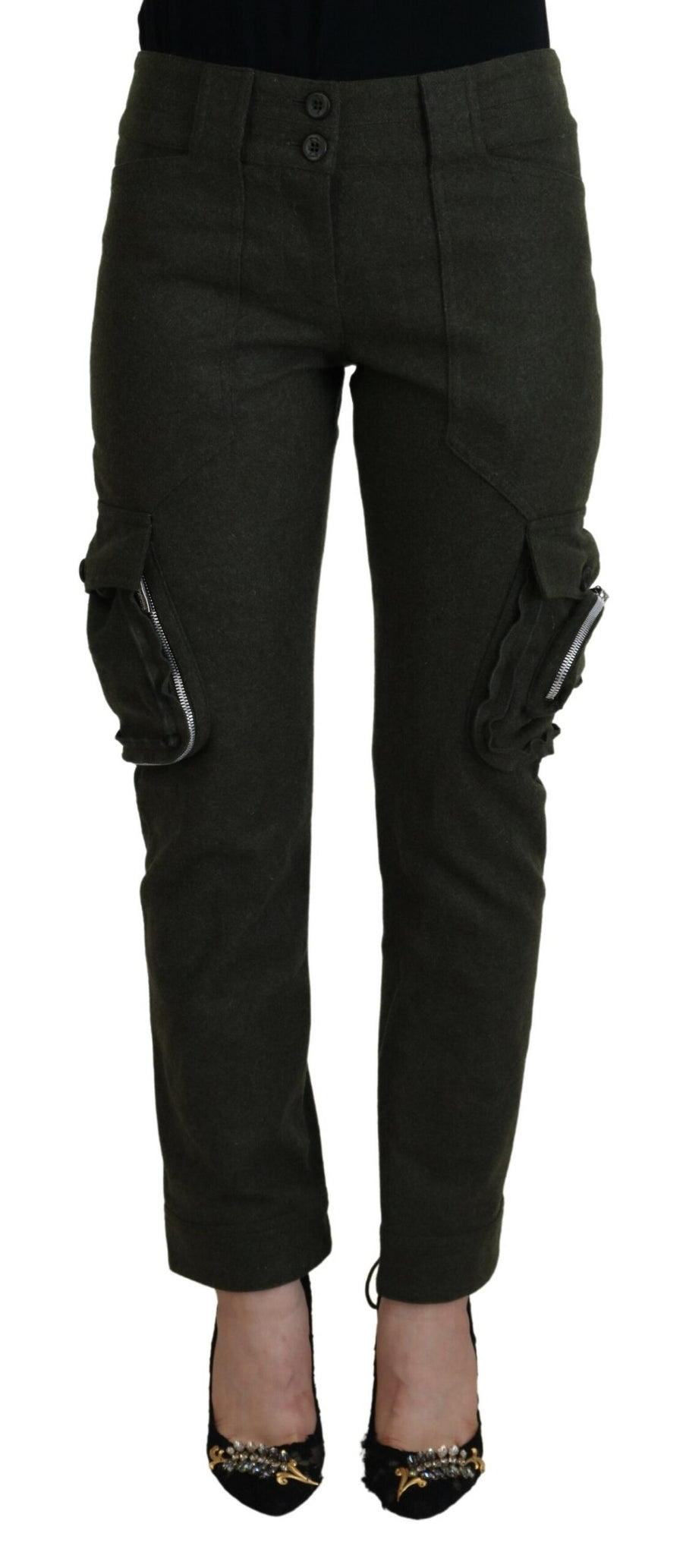 Green Lace Up Leg Women Tapered Pants