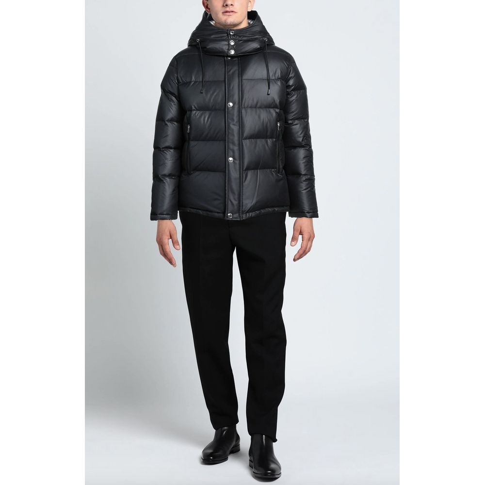 Black Polyester Men Jacket with Removable Hood