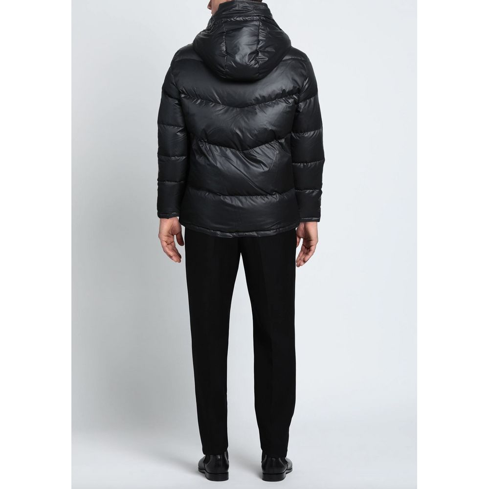 Black Polyester Men Jacket with Removable Hood