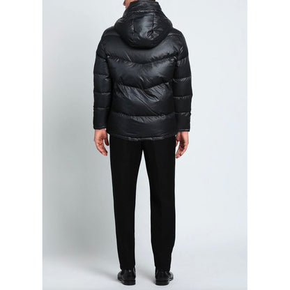Black Polyester Men Jacket with Removable Hood