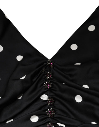 Black Silk Polka Dot Vneck Tassel Midi Dress