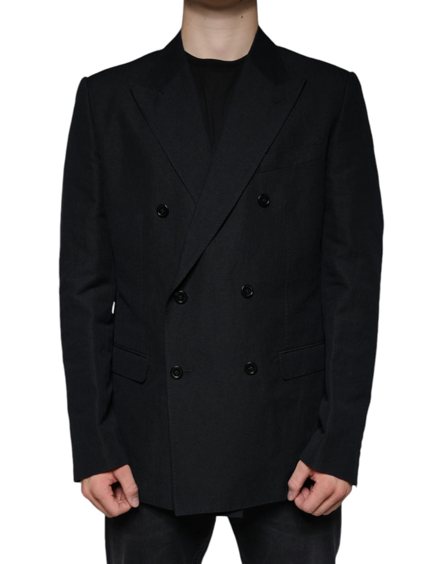 Dark Blue Linen Double Breasted Dress Blazer