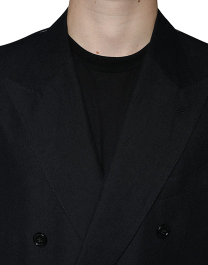 Dark Blue Linen Double Breasted Dress Blazer