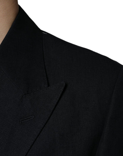 Dark Blue Linen Double Breasted Dress Blazer