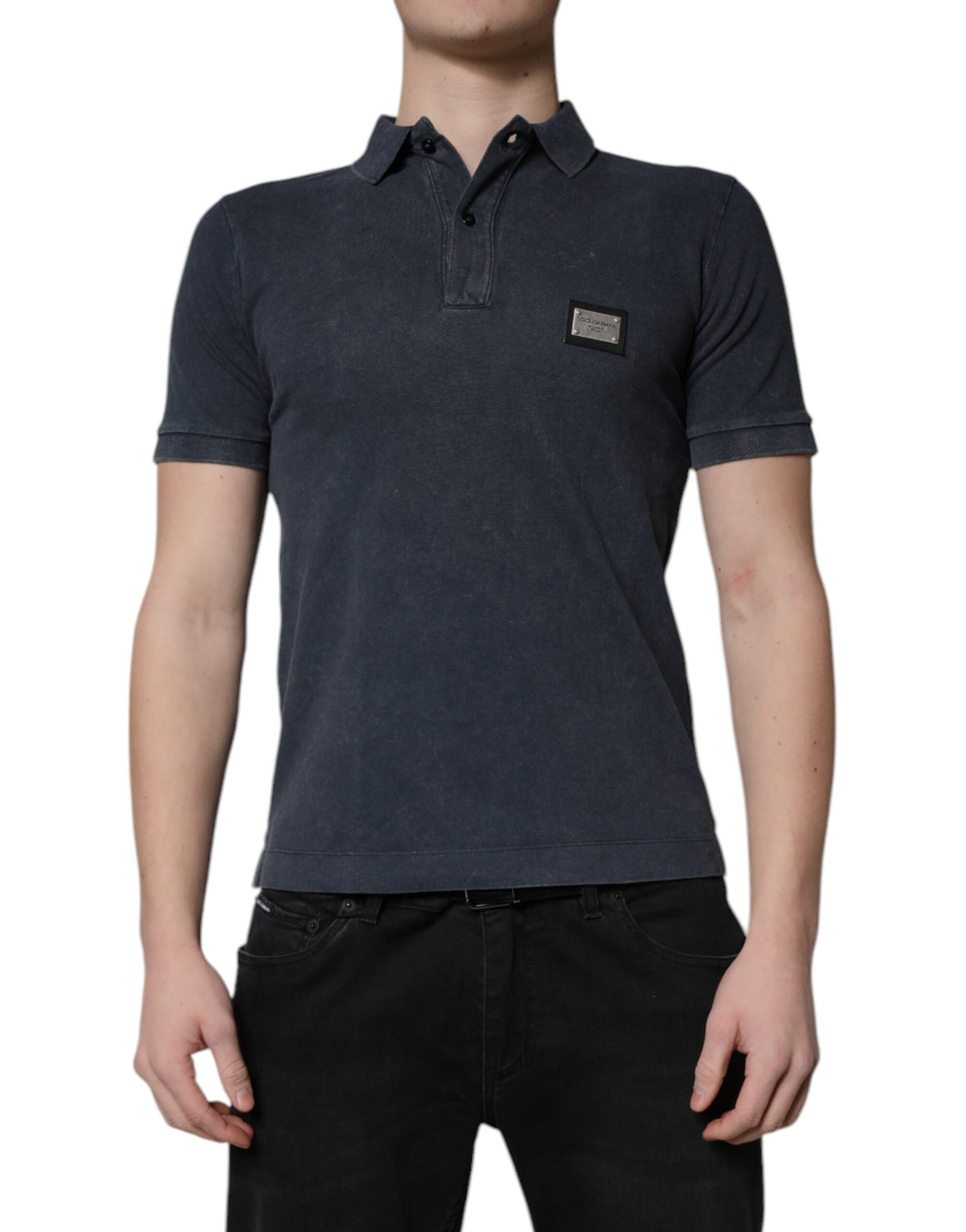 Dark Blue Logo Plaque Cotton Men Polo Shirt T-shirt