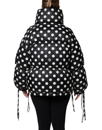 Black White Polka Dot Full Zip Puffer Jacket