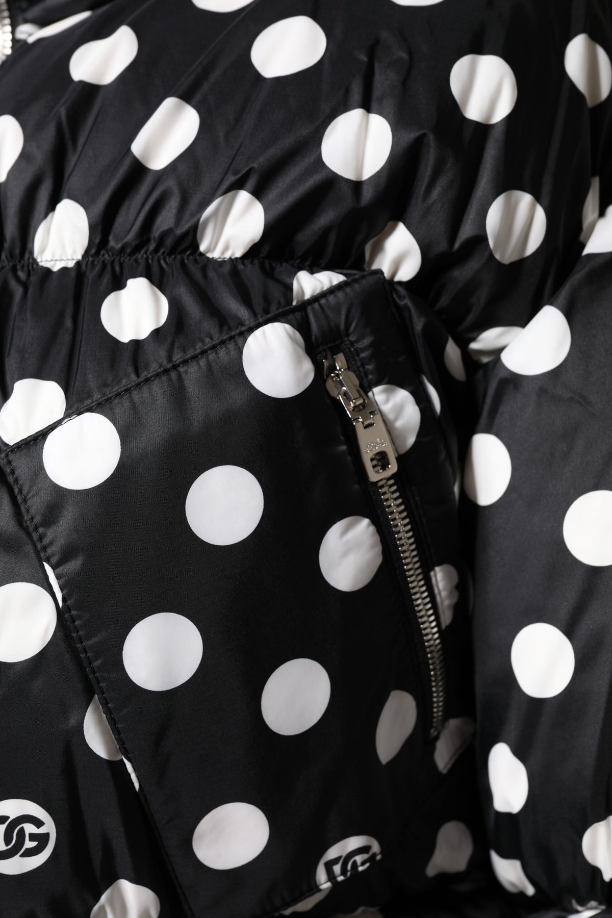 Black White Polka Dot Full Zip Puffer Jacket
