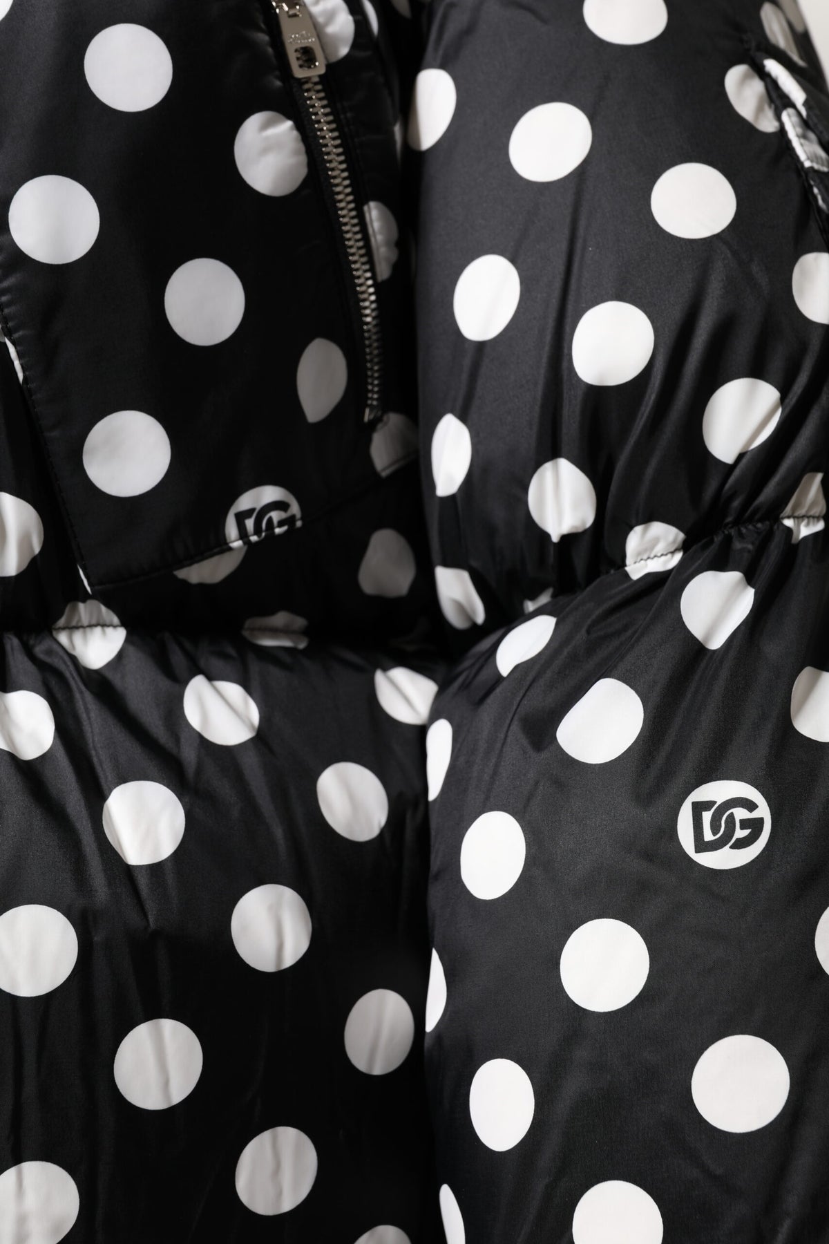 Black White Polka Dot Full Zip Puffer Jacket