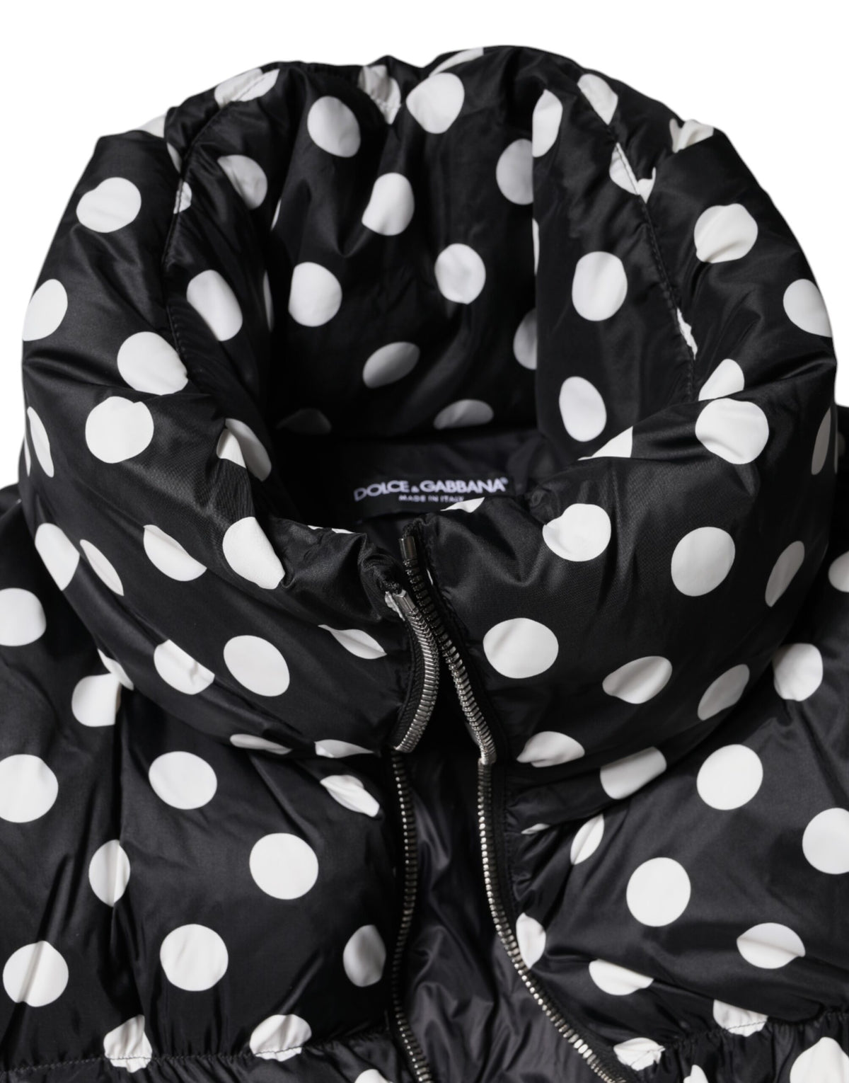 Black White Polka Dot Full Zip Puffer Jacket