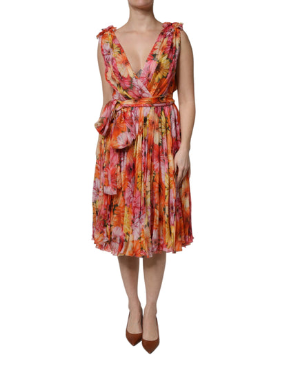 Multicolor Floral Silk V-neck Chiffon Dress