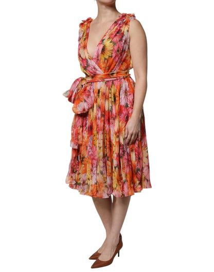 Multicolor Floral Silk V-neck Chiffon Dress