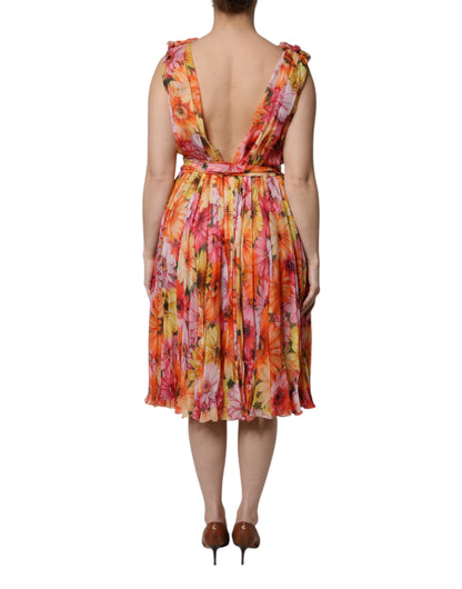 Multicolor Floral Silk V-neck Chiffon Dress