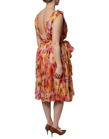 Multicolor Floral Silk V-neck Chiffon Dress
