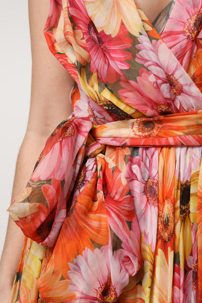 Multicolor Floral Silk V-neck Chiffon Dress