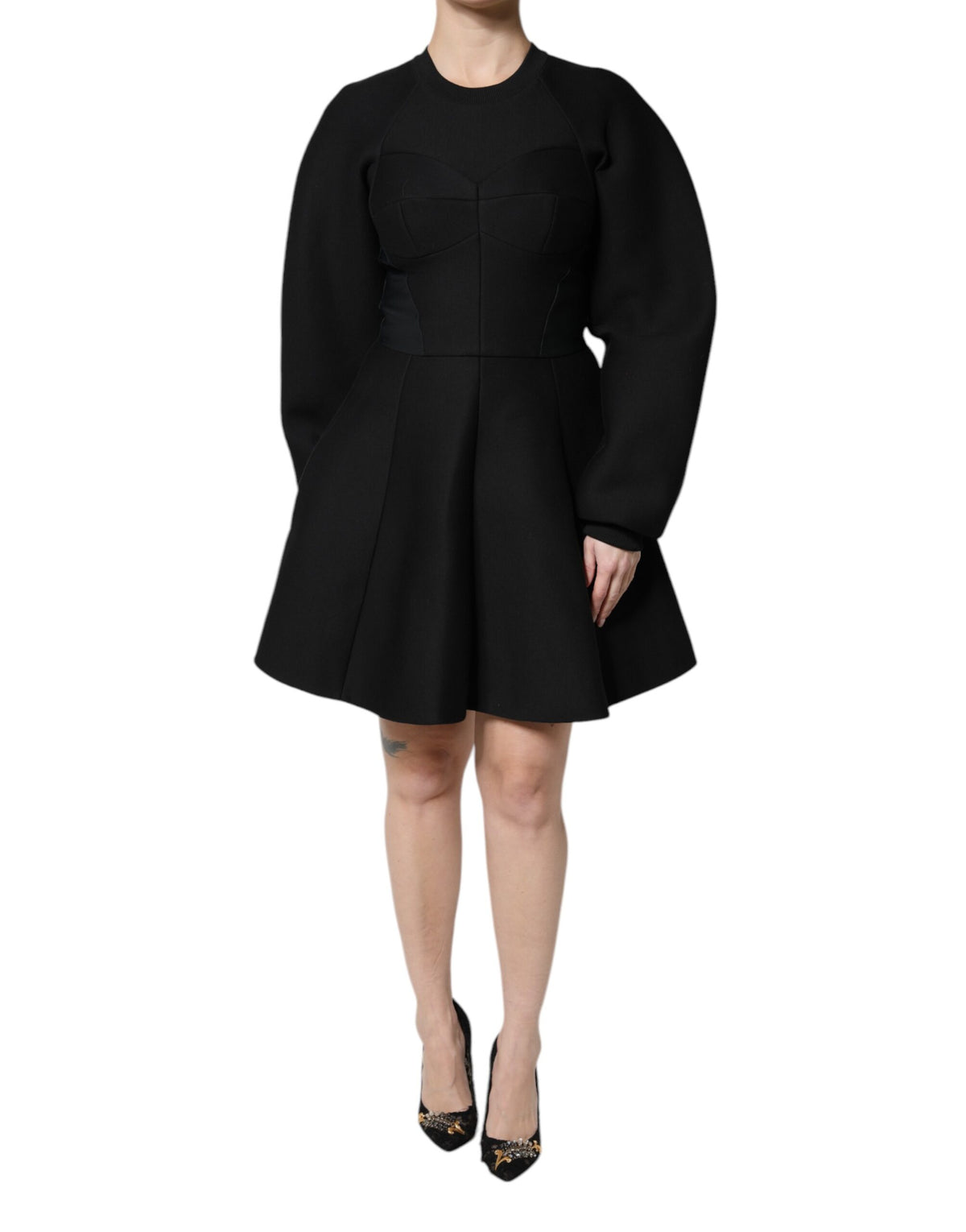 Black Cotton Long Sleeves A-line Mini Dress