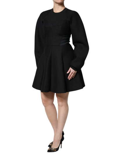 Black Cotton Long Sleeves A-line Mini Dress