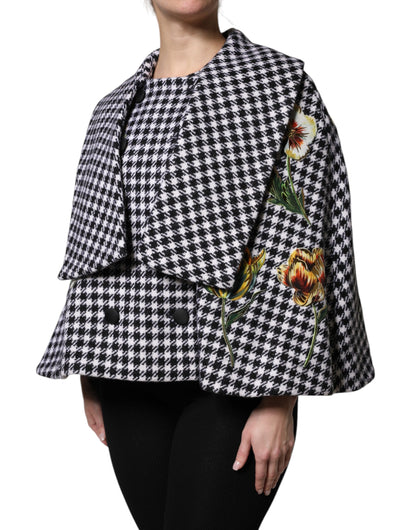 Black White Monochrome Patterned Floral Cape Jacket