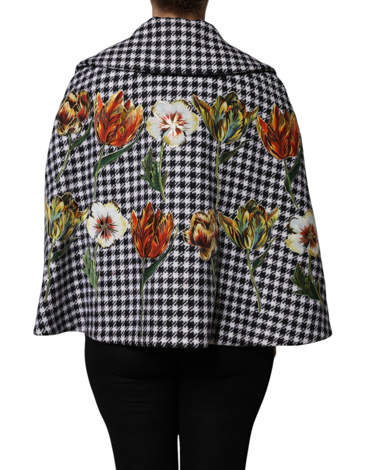 Black White Monochrome Patterned Floral Cape Jacket