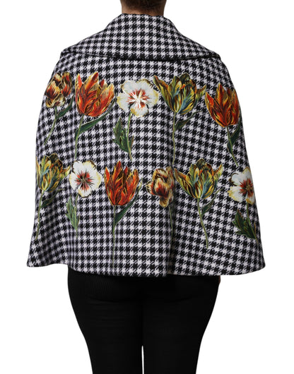 Black White Monochrome Patterned Floral Cape Jacket