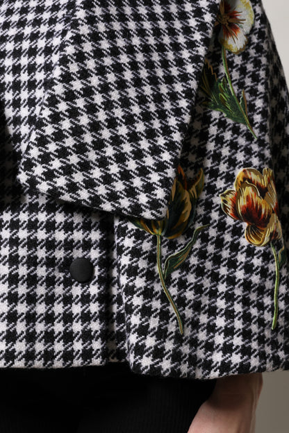 Black White Monochrome Patterned Floral Cape Jacket