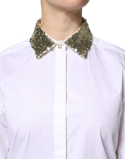 White Cotton Long Sleeves Sequin Shirt Top