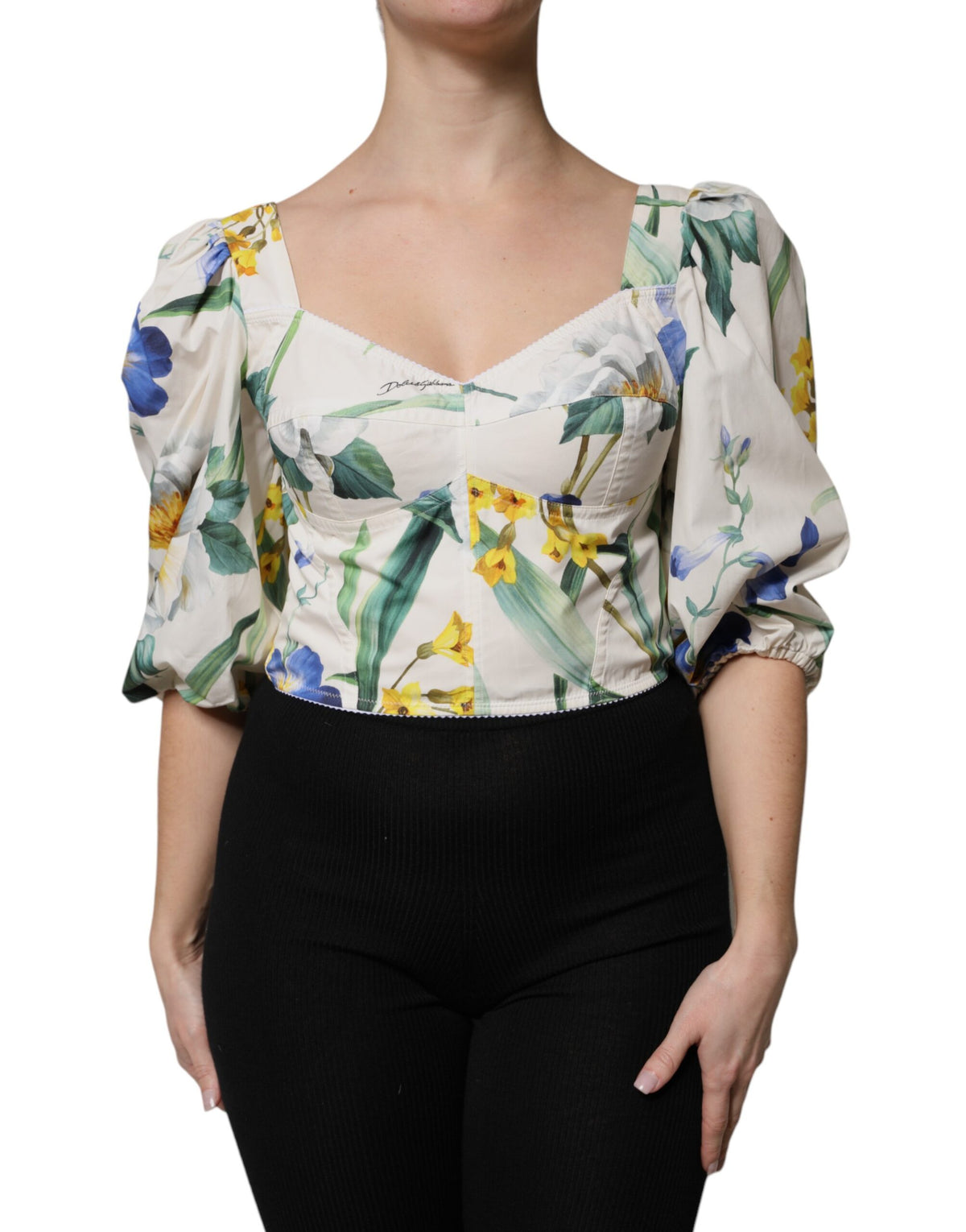 White Floral Puff Sleeves Crop Blouse Top