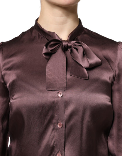 Brown Ascot Collar Long Sleeve Blouse Top