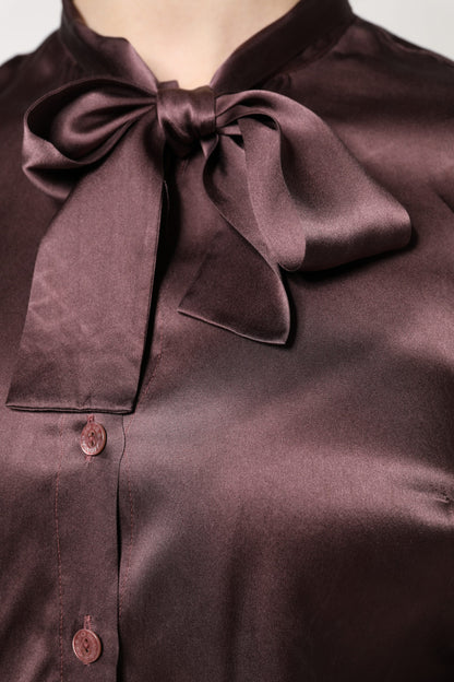 Brown Ascot Collar Long Sleeve Blouse Top