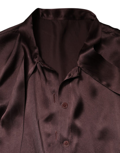 Brown Ascot Collar Long Sleeve Blouse Top