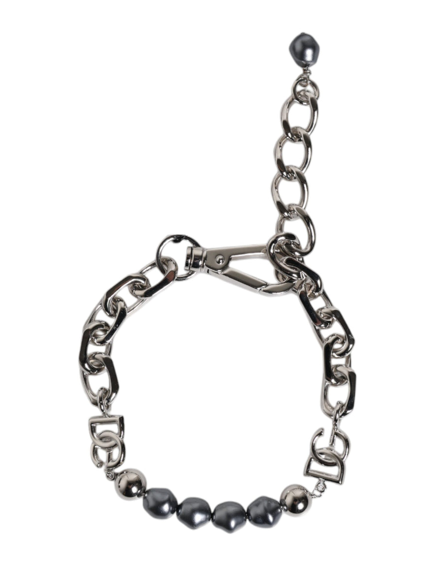 Silver Tone Chain Lobster Clasp Logo Gray Pearls Bracelet