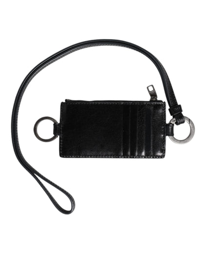 Black Leather Logo Embossed Lanyard Card Holder Wallet
