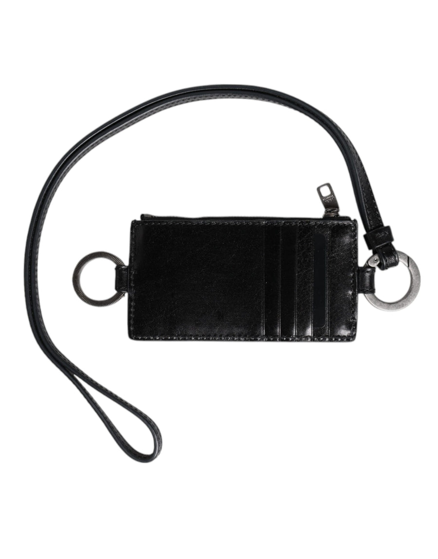 Black Leather Logo Embossed Lanyard Card Holder Wallet