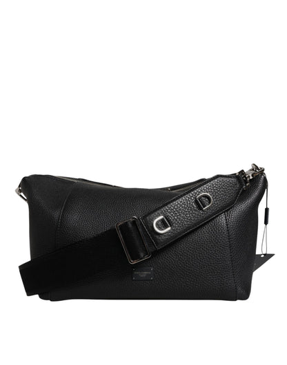 Black Leather Logo Plaque Shoulder Crossbody Bag