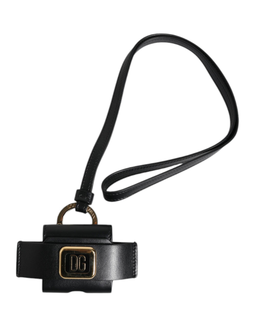 Black Leather Strap Gold Metal Logo Plaque Airpods Case