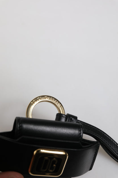 Black Leather Strap Gold Metal Logo Plaque Airpods Case