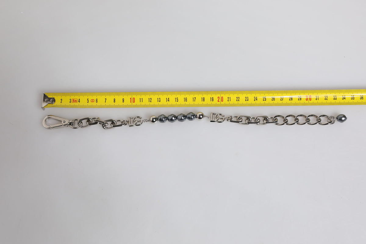 Silver Tone Chain Lobster Clasp Logo Gray Pearls Bracelet