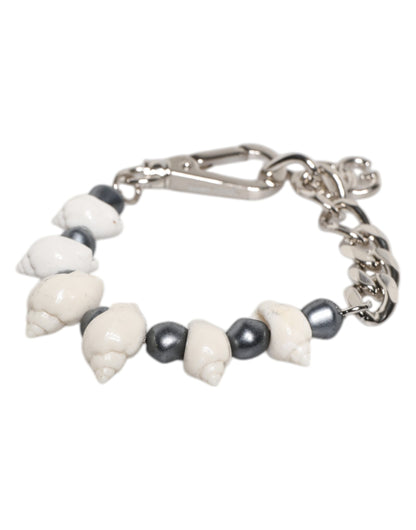 Silver Tone Brass Beaded Shell DG Logo Pendant Bracelet