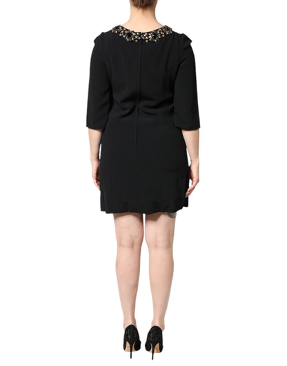 Black Crystal Embellished Round Neck Mini Dress
