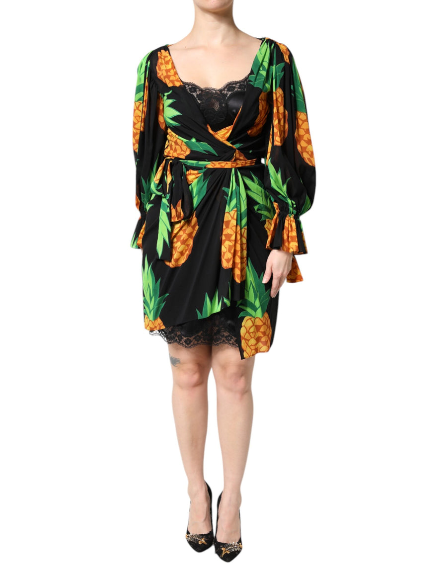 Black Silk Pineapple Draped Print Wrap Dress