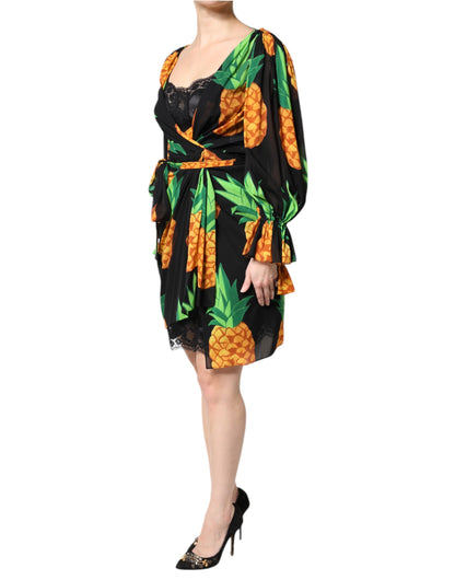 Black Silk Pineapple Draped Print Wrap Dress